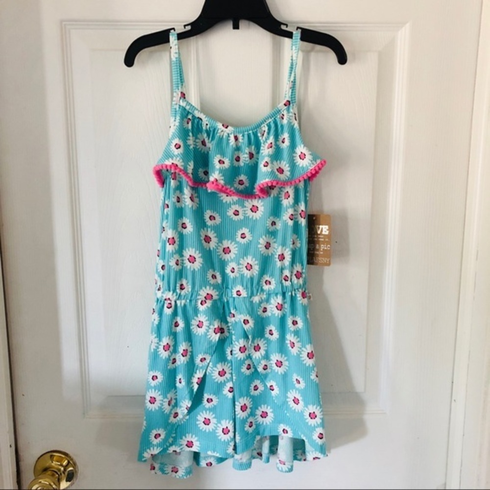 NWT blue floral daisy girls Pom Pom cape ruffle spaghetti strap top romper SZ 6X